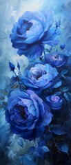 A painting of blue flowers with a blue background