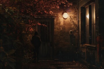 A person is standing in front of a door in a dark alleyway