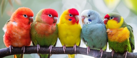 A group of colorful parrots are perched on a branch