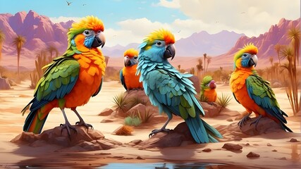 A group of exotic birds gathered around a sparkling oasis in the desert, their vibrant plumage contrasting against the barren landscape.one parrot is on single leg.