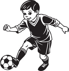 Soccer player kicking the ball. Black and white vector illustration.