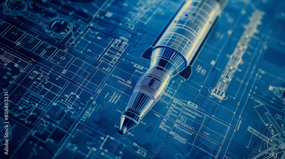 Poster Aerospace blueprints of a modern rocket arranged for reverse engineering, emphasizing precision and innovation, close-up