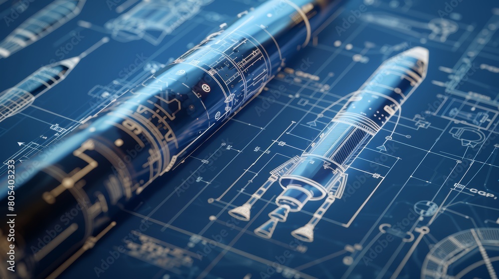 Poster aerospace blueprints of a modern rocket arranged for reverse engineering, emphasizing precision and 