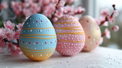Obraz premium Easter eggs with pastel lace patterns on a 3D-rendered table
