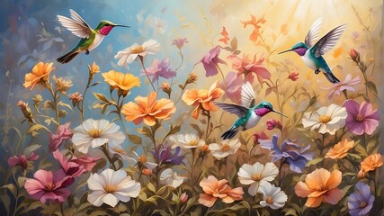 A whimsical scene of tiny hummingbirds flitting around a field of wildflowers, their iridescent feathers shimmering in the sunlight.