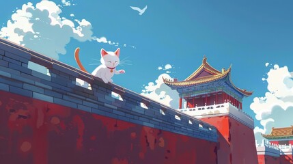children's anime book, the red wall of the forbidden city, Treasure Halls, there is a white and orange cat, jumping on the roof, stretch its body, blue sky, dynamic
