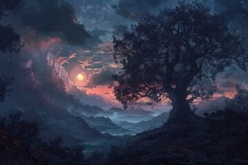 Fototapeta premium A dark forest with a large tree in the foreground