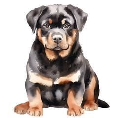 Obraz premium AI-Generated Watercolor Rottweiler sitting Clip Art Illustration. Isolated elements on a white background.