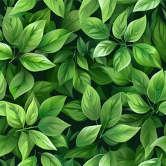 Fototapeta premium A pattern of green leaves on a black background inspired by terrestrial plants. The design features groundcover and flowering plants, creating a seamless herb and subshrub art for any event