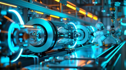 Fototapeta premium A 3D macro visualization of a scientist and robot team analyzing the magnetic properties of ions, with the experimental setup featuring state-of-the-art magnetic field generators