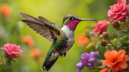 Close up of Hummingbird hovering around the charming colorful flowers against the green background