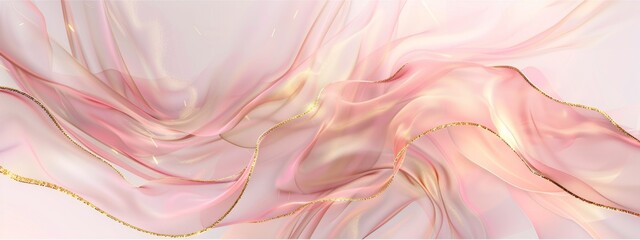 The background is light pink and gold, with flowing lines and curves, creating an abstract and luxurious atmosphere. The overall color tone of the picture has soft tones.