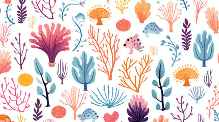 Seamless pattern with various corals and seaweed or