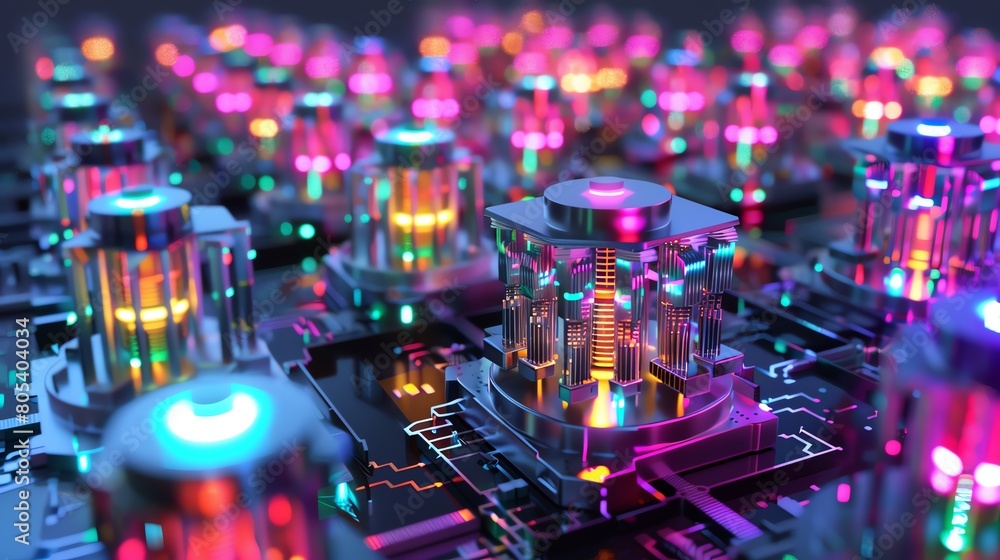 Poster a macro 3d representation of a robot assembling ion-based circuits under the guidance of a scientist