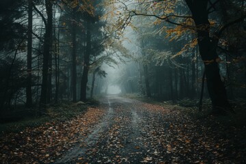 A forest path is shown in the dark with leaves on the ground