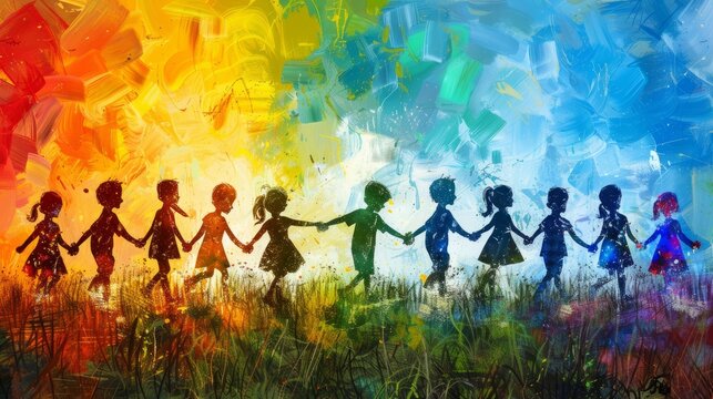 Children of the world holding hands in a field of flowers.