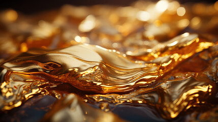 Contemporary Abstract of Shiny Liquid Gold Oil On Selective Focus Background