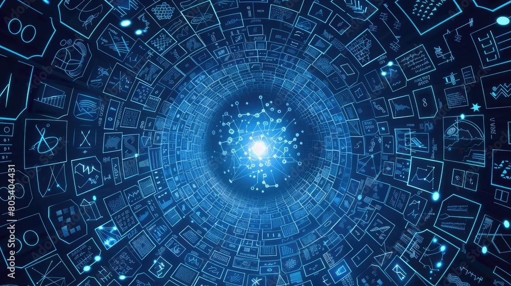 Poster a computer screen displaying a glowing blue light emanating from within