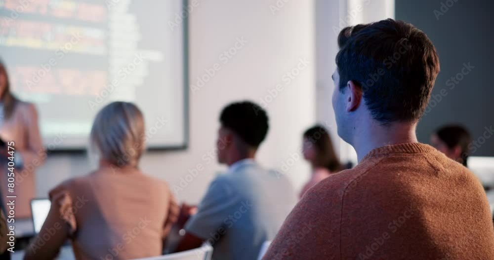 Fototapete university, student or man and question in lecture for advice or understanding, learning and feedbac
