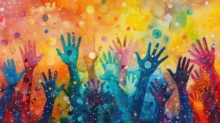 Colorful watercolor painting of hands raised in the air.