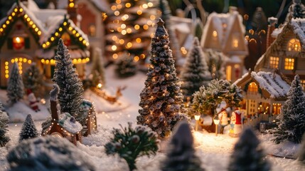 Christmas village, snowy santa village with a big Christmas tree and pine trees, xmas decorations, magical feel