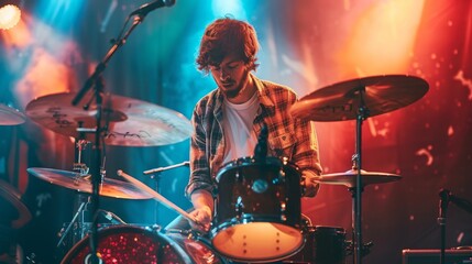 Fototapeta premium Drummer playing the drums on a stage with blue and red lights.