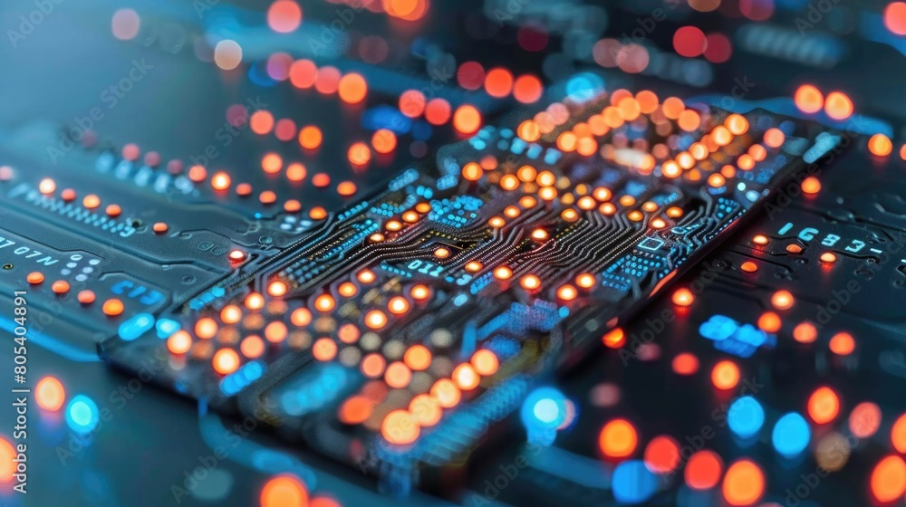 Aufkleber a detailed view of a circuit board with numerous lights illuminated, showcasing complexity and techn