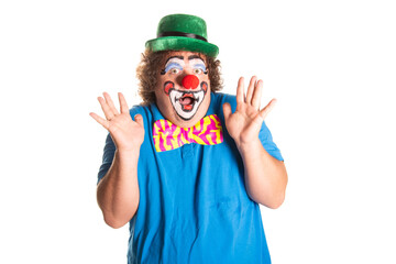 Funny fat clown posing on a white background.