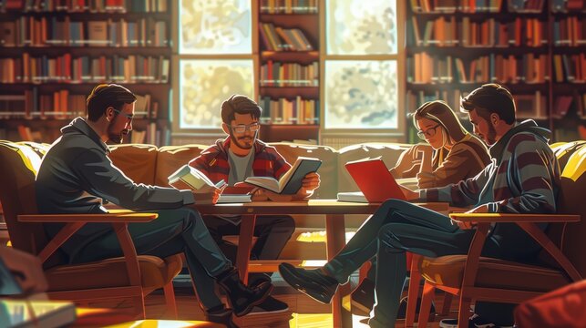 Four people sitting in a library reading books.