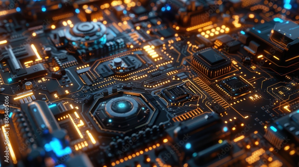 Poster the image is of a computer chip with glowing orange and blue lights. the chip is made of intricate c