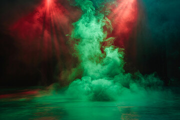 Neon green smoke wafting over a stage under a ruby red spotlight, creating a bold, striking contrast.