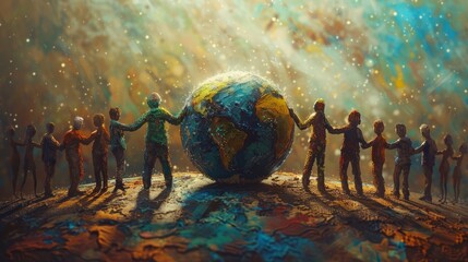 People of the world holding hands around the Earth.