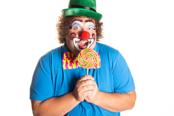 Funny fat clown posing on a white background.