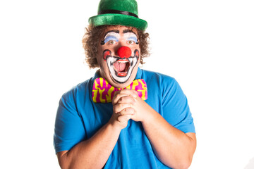 Funny fat clown posing on a white background.