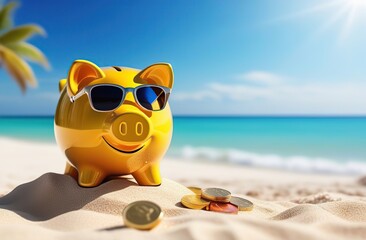 Sunny retirement dreamscape with piggy bank on beach, symbolizing smart investment planning - obrazy, fototapety, plakaty
