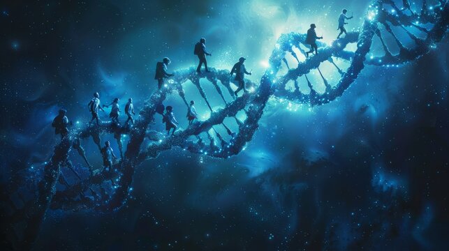People walking on a DNA strand in space.