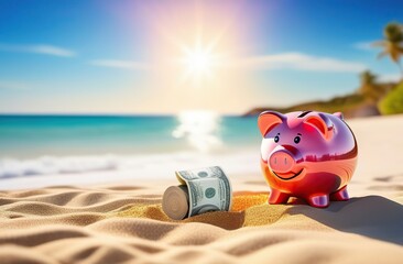 Sunny retirement dreamscape with piggy bank on beach, symbolizing smart investment planning - obrazy, fototapety, plakaty
