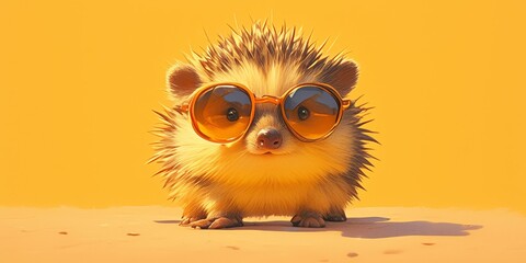 Cute little porcupine wearing sunglasses on a solid color background in a cool style 