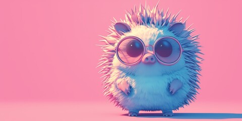 cute porcupine wearing sunglasses, solid color background, cute and quirky