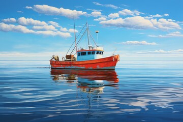 Obraz premium The image shows a red fishing boat on a calm sea with blue sky and white clouds in the background.
