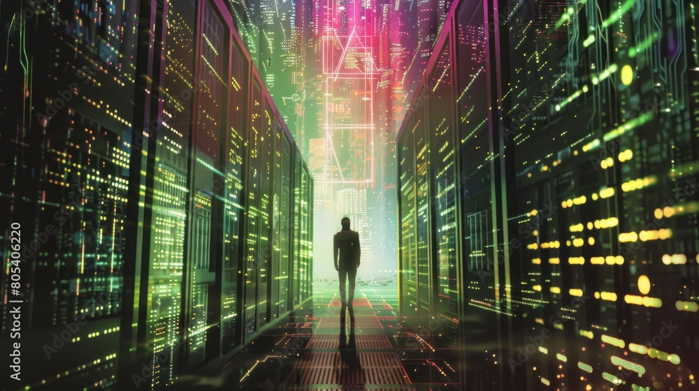Poster man standing in server room of large data center. computer engineering and big data concept
