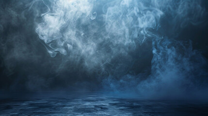 Radiant silver smoke against a deep navy blue floor, creating a metallic mist.