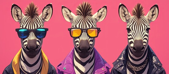 fashion portrait of three cool zebras wearing purple leather jackets and sunglasses, posing in front of magenta background