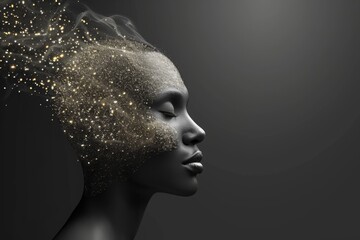 A womans head is adorned with dazzling gold glitters, creating a mesmerizing and enchanting aura.
