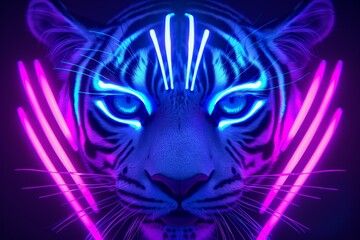 Fototapeta premium A close-up view of a majestic tigers face surrounded by vibrant neon lights, capturing the essence of power and mystery.