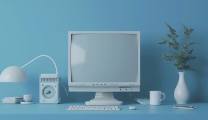 3d render of retro computer blue background. Generate AI image