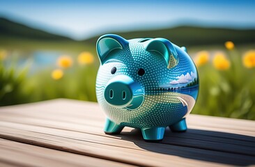 Budgeting for summer travel with a piggy bank  - obrazy, fototapety, plakaty