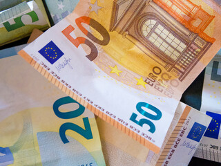 European Money Detail. Detailed shot of Euro banknotes, showcasing the €20 and €50...