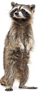 A raccoon stands on its hind legs and looks at the camera