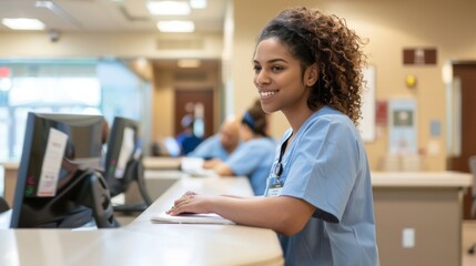 Fototapeta premium Portrait, nurse and receptionist at hospital on a computer working at her desk or table in an office as a black woman. Medical, healthcare professional or worker smile, happy and excited at work